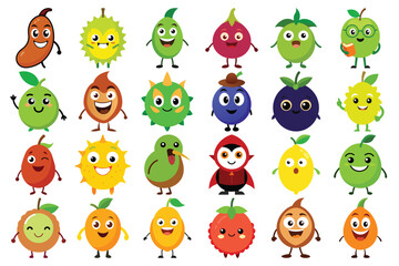 Collection of diverse cartoon fruits and vegetables with happy faces