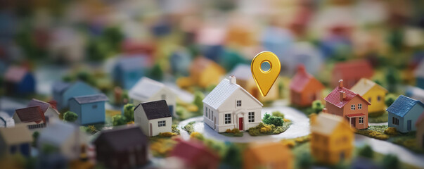 Fototapeta premium Miniature houses with location pin indicating real estate or neighborhood search.
