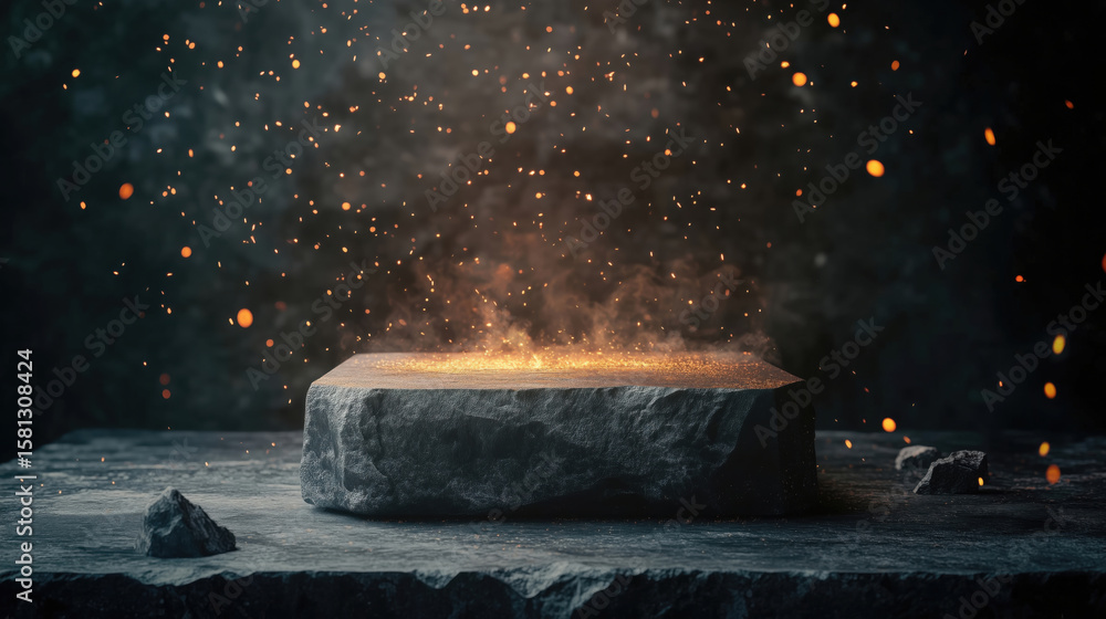 Poster glowing stone with sparks and dust creating mystical atmosphere in dark environment.