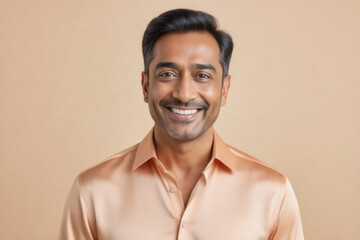 A smiling man with dark hair and stubble gazes directly at the camera, wearing a light peach button-down shirt against a warm beige background.