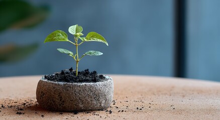 Seedling Emerging from Soil in Ring-Shaped Wooden Pot on Open Book, Soft Natural Light and Blurred Background