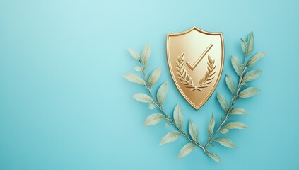 Obraz premium Gold shield with checkmark, laurel wreath, light teal background