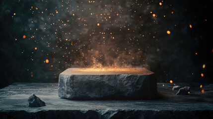 Glowing stone with sparks and dust creating mystical atmosphere in dark environment.