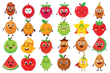 Collection of cute and happy cartoon fruits and vegetables characters