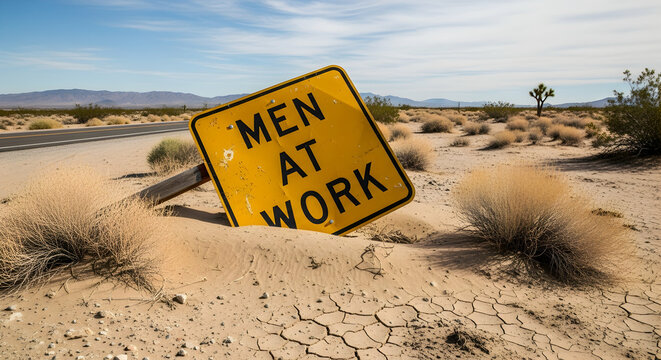 Humorous depiction of a fallen 'Men at Work' sign in a desert landscape suggesting abandonment - Powered by Adobe