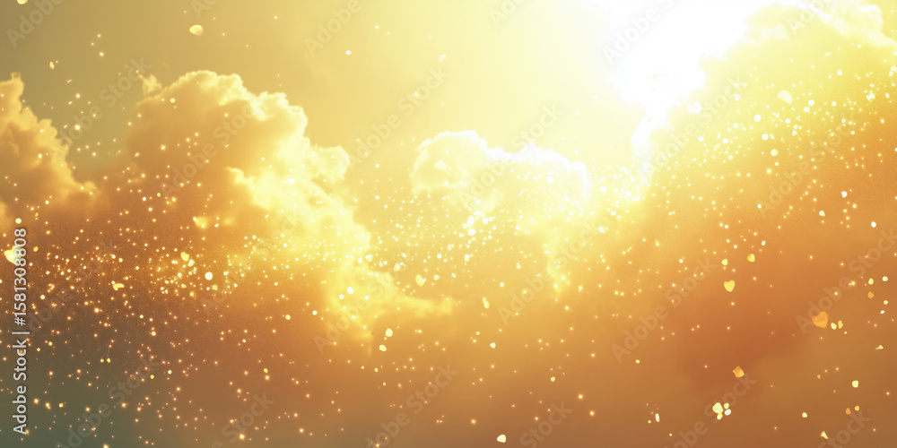 Poster golden sunlight shining through clouds with sparkling particles in the atmosphere.