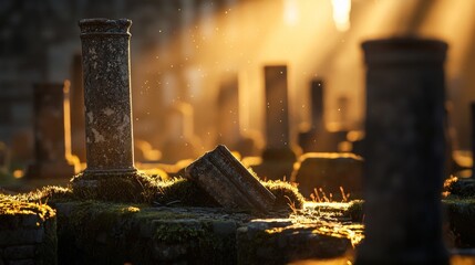 Ancient stone columns bathed in golden sunlight at sunrise