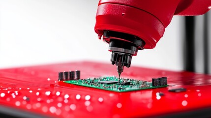 Precision robotic arm dispensing fluid onto green circuit board during electronic assembly process