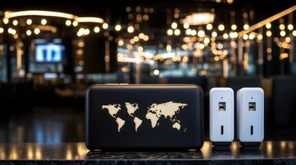 Black case with golden world map and white devices on a bar