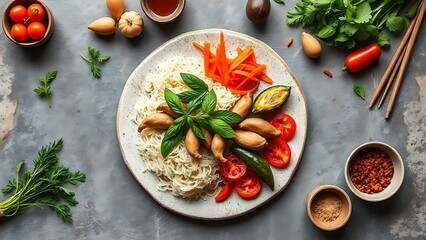 Fresh Asian ingredients arranged on a rustic stone surface, top-down view.