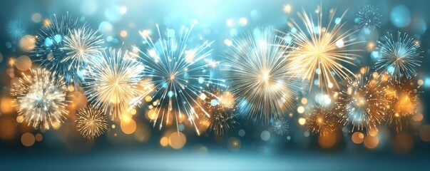Bright fireworks explode against a dark blue night sky with bokeh lights.