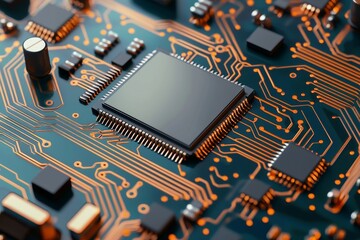 Futuristic computer motherboard with central processor and illuminated orange circuitry paths