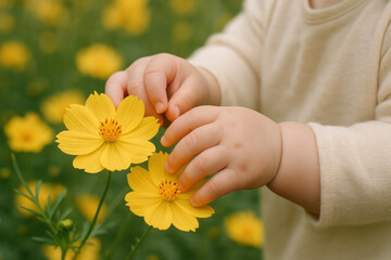 Baby gently touching delicate yellow cosmos flowers in a field