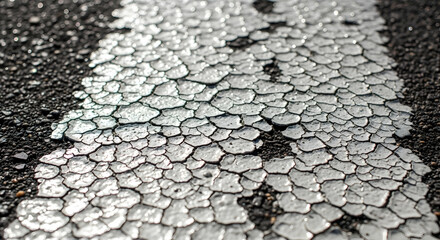 Macro Close-Up of Cracked White Road Paint Line on Black Asphalt Pavement Texture