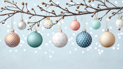 Decorative ornaments hang from a branch against a light blue background with bokeh lights.