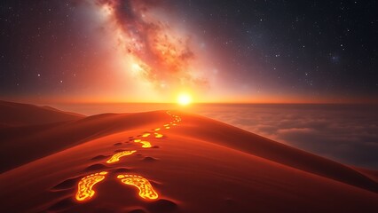 A trail of luminous footprints winding through cosmic clouds toward a distant dawn.