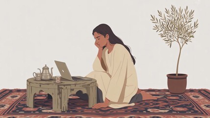 Serene woman works on laptop in cozy space with tea and plant, creating a tranquil and productive atmosphere.