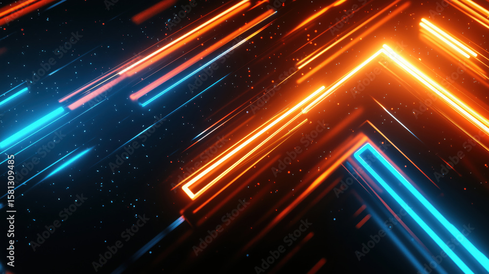 Poster dynamic neon light trails in blue and orange creating a futuristic abstract background.