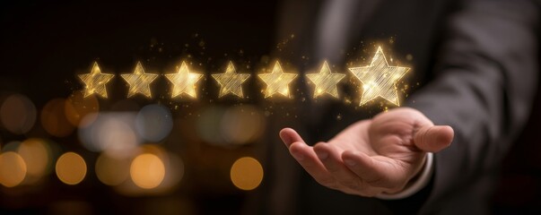 Hand holding five glowing stars, representing customer satisfaction.