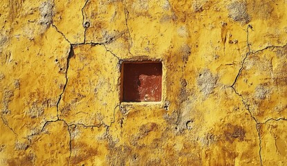 Yellow stucco wall with a small, dark square opening.  Cracks and texture