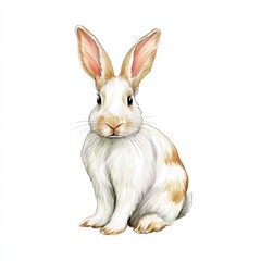 Obraz premium A charming watercolor painting shows a fluffy white and brown rabbit sitting calmly on a plain white background, looking forward.