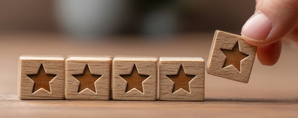 Hand places wooden star block to complete rating