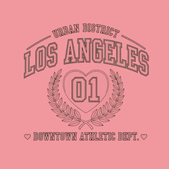 An urban design featuring Los Angeles in an athletic style, encircled by leaves and heart, ideal for clothing applications and sports themes with a downtown appeal.