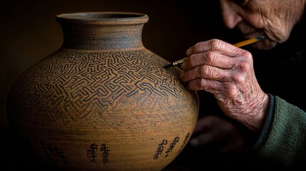 Hand painting detailed pattern on traditional ceramic pot