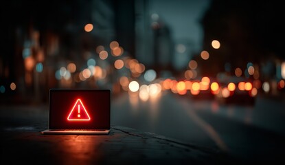 Red Warning Sign on Laptop Display Amid City Night Lights Representing Online Data Security Threat