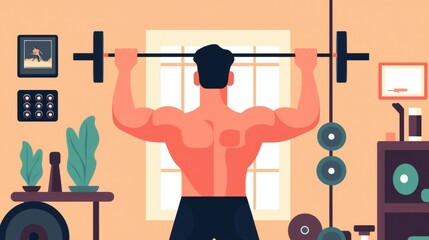 Man lifting barbell overhead in home gym.