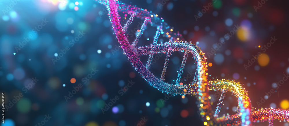 Aufkleber colorful dna double helix structure with glowing particles and abstract background.
