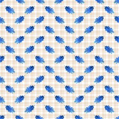 Watercolor seamless pattern with hand-drawn blue oak leaves on a beige plaid background. Perfect for textile design, digital papers, gift wrapping, seasonal cards, wallpaper, stationery, backdrop 