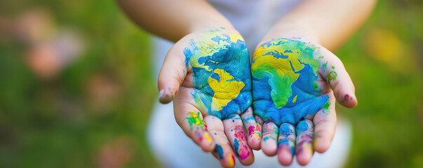 Hands painted with colorful world map representing global awareness and environmental care.
