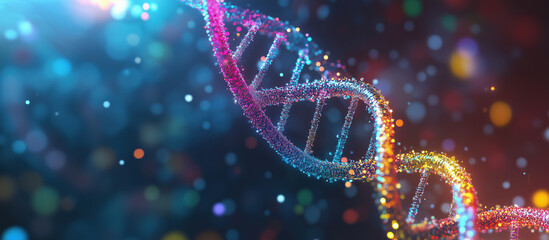Colorful DNA double helix structure with glowing particles and abstract background.
