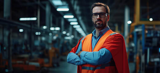Confident warehouse manager in safety vest posing with arms crossed in industrial setting.