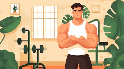 Muscular man flexing in a bright gym with plants and weights.