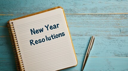 Notebook lists new year resolutions next to a pen on a blue wooden desk.