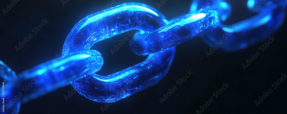 Poster glowing blue chain link representing digital connectivity and blockchain technology.