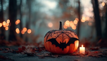 Halloween Pumpkin with Bat Wings and Spider Web Design, Lit Candle Glowing in Front, Blurred Forest Background