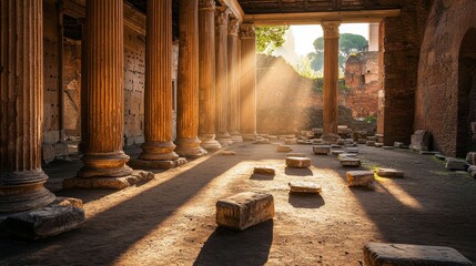 Sunbeams pierce ancient roman ruins with stone columns.