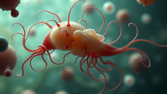 Microscopic view of decapitated sperm with parasite tendrils