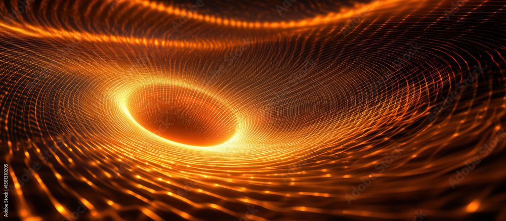 Poster abstract digital vortex with glowing orange lines and swirling patterns.