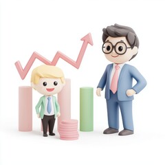 Two cartoon businessmen with graph and coins