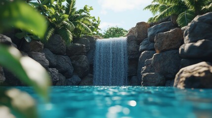 Waterfall cascades over rocks surrounded by tropical plants