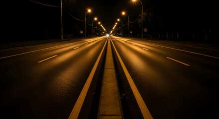 Illuminated Asphalt A Nighttime View Of An Empty Urban Road Lit By Streetlamps