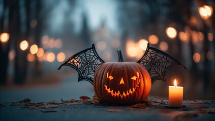 Halloween Pumpkin with Bat Wings and Spider Web Design, Lit Candle Glowing in Front, Blurred Forest Background