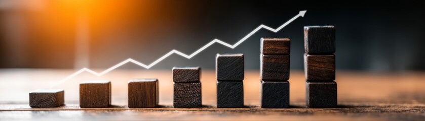 Wooden blocks forming increasing bars with an upward trending line overlay.