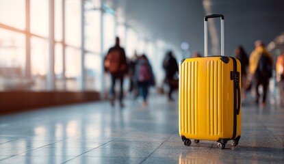 Yellow Suitcase in Foreground at Busy Airport Terminal with Blurred Travelers and Windows in Background