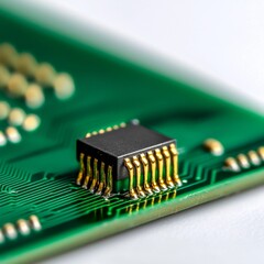 A black microchip is mounted on a green circuit board