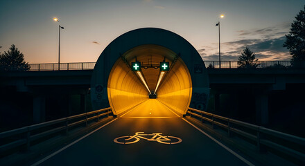 Illuminated Bicycle Path Tunnel at Twilight with Clear Guidance Signs